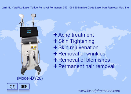 2in1 Nd Yag Pico Laser de remoção de tatuagens permanente 755 1064 808nm Diodo de gelo máquina de remoção de cabelo a laser